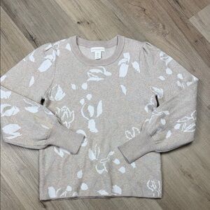 Cynthia Rowley Metallic Lurex Tan and White Floral Crewneck Sweater. Size Small